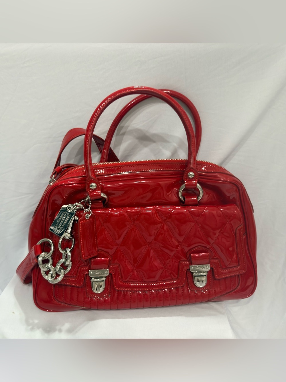 Coach Red Patent Leather Satchel with Chain Charm